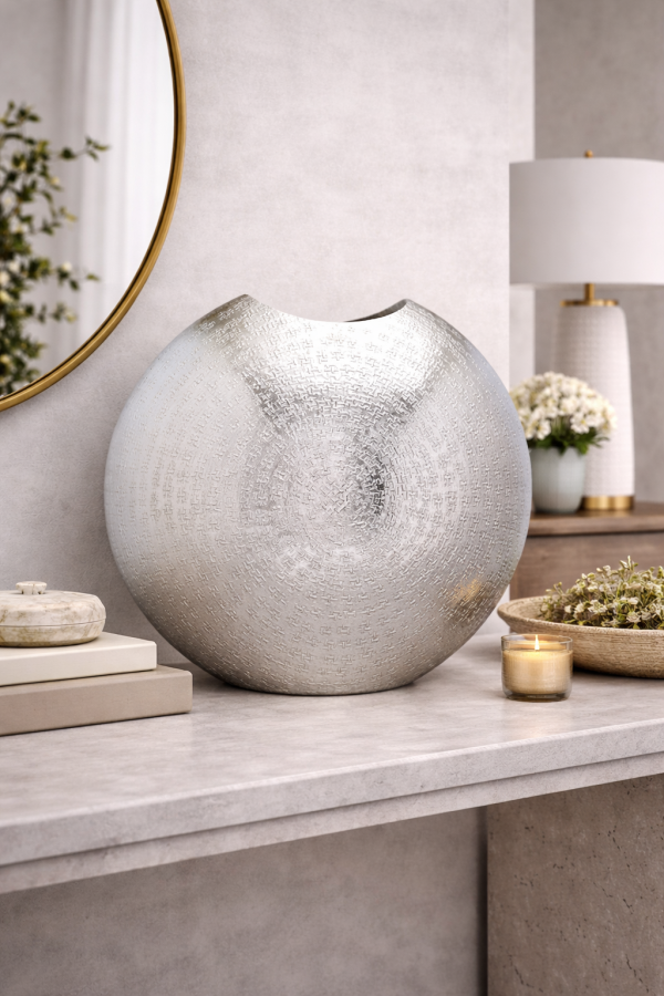 Elegant silver vase on console table