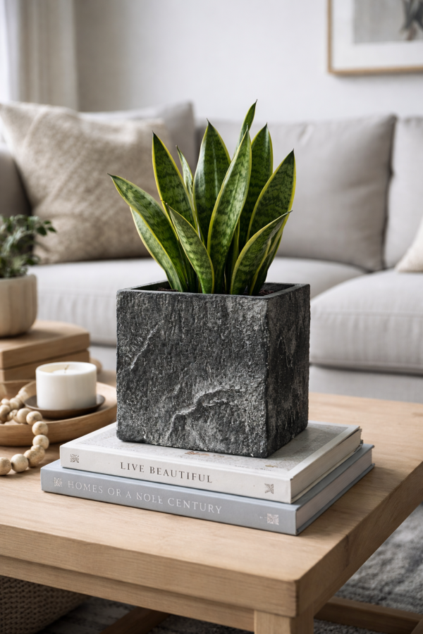 Stone planter with snake plant centerpiece