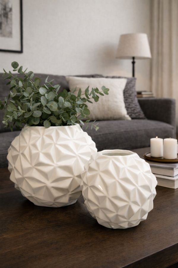 Geometric vases on a wooden table