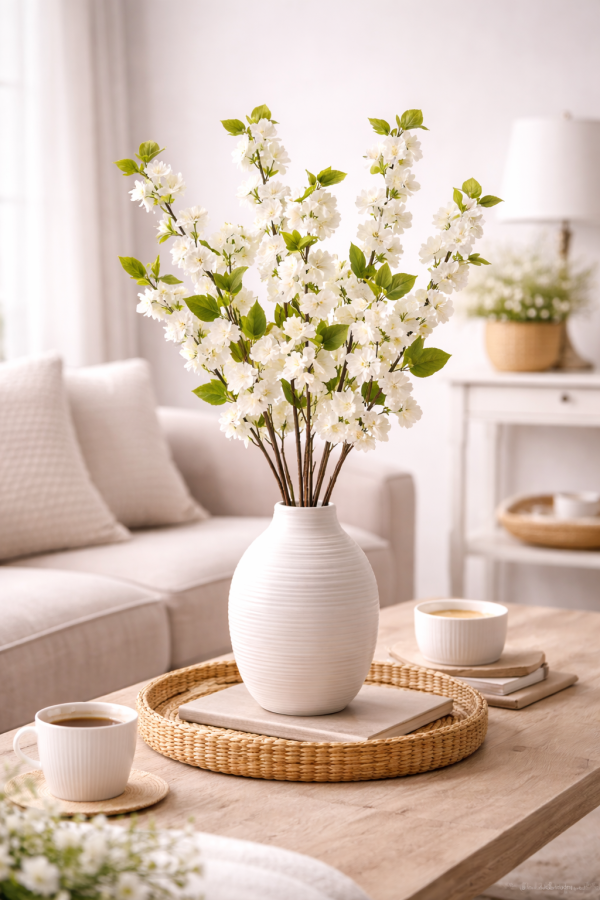 Serene living room with cherry blossoms