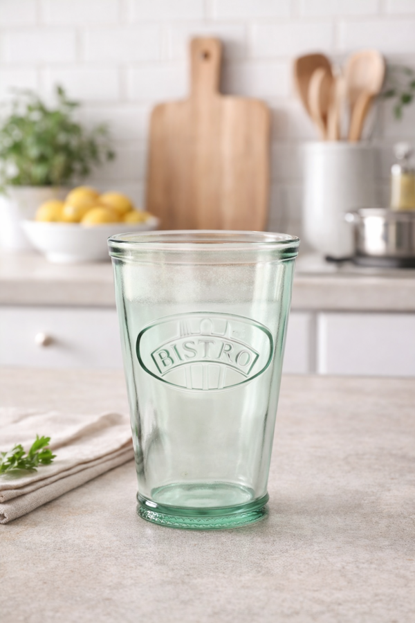 Vintage green Bistro glass on countertop