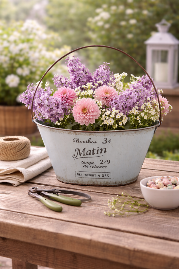 Vintage bucket with fresh blooms