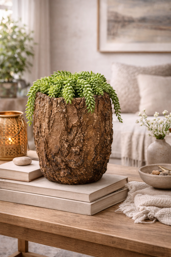 Rustic planter with succulent and lantern