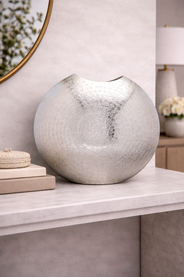 Decorative silver vase on marble table