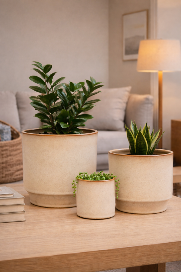 Ceramic planters with houseplants on table