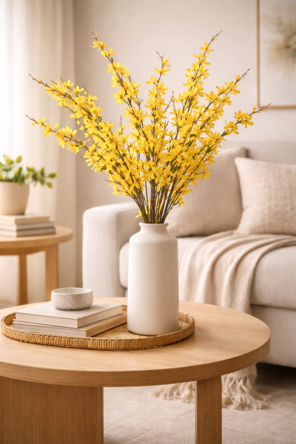 Vibrant forsythia in a cozy living room