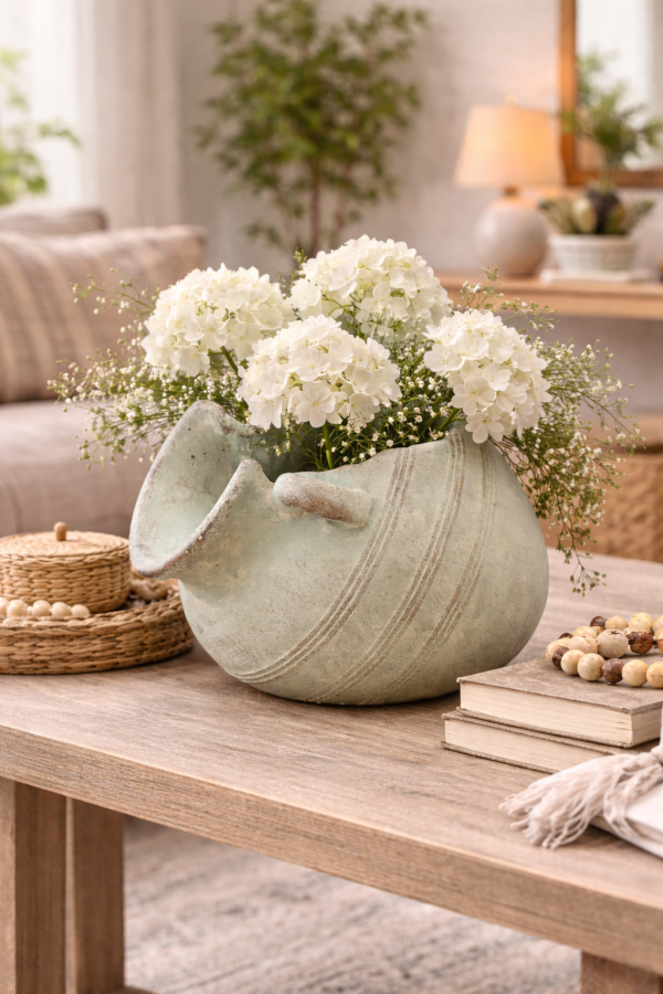 Rustic vase with hydrangeas and decor