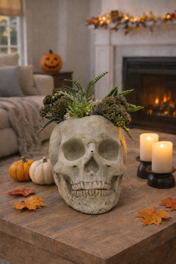 Halloween charm with skull planter