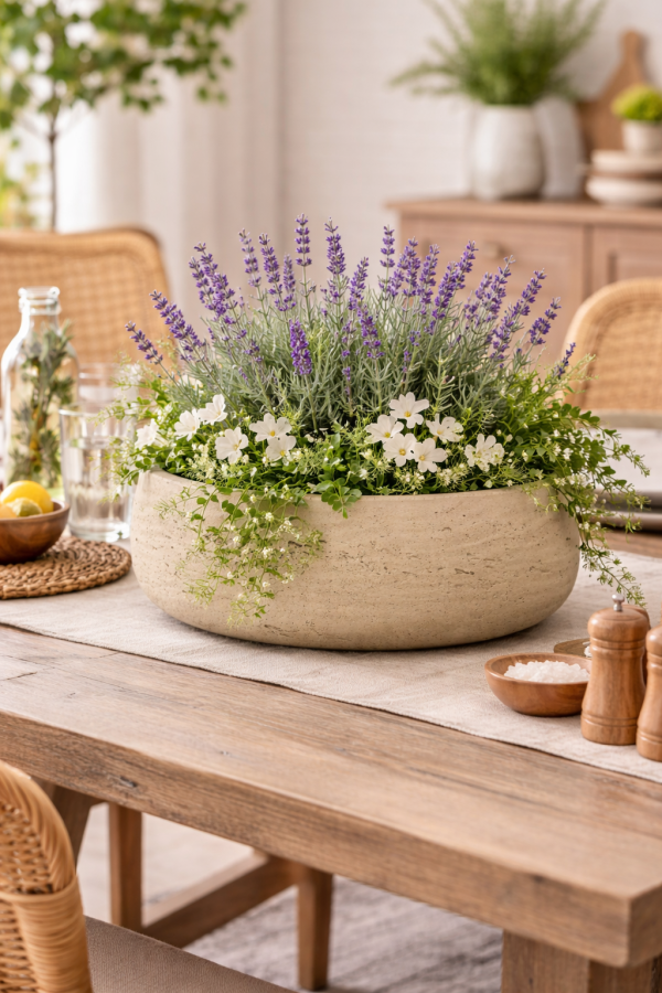 Rustic dining table with lavender arrangement