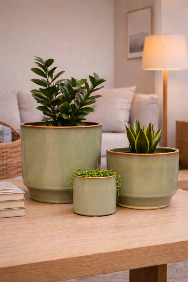 Green planters with vibrant plants