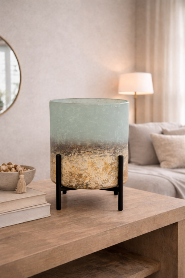 Minimalist glass planter on wooden table