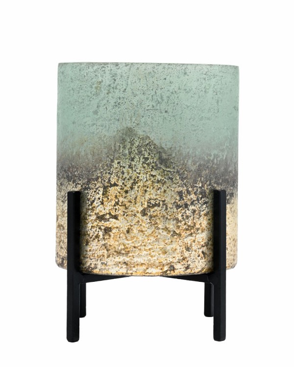 Sea Green Metallic Etched Glass Cylinder with Stand 7.5"H