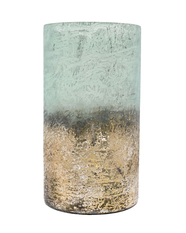 Sea Green Metallic Etched Glass Cylinder Container 12"H