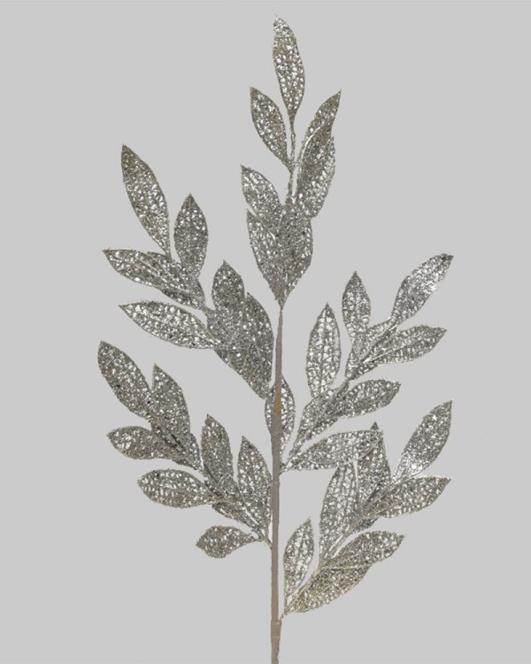 Shimmering Leaf Spray 28" Silver Glitter